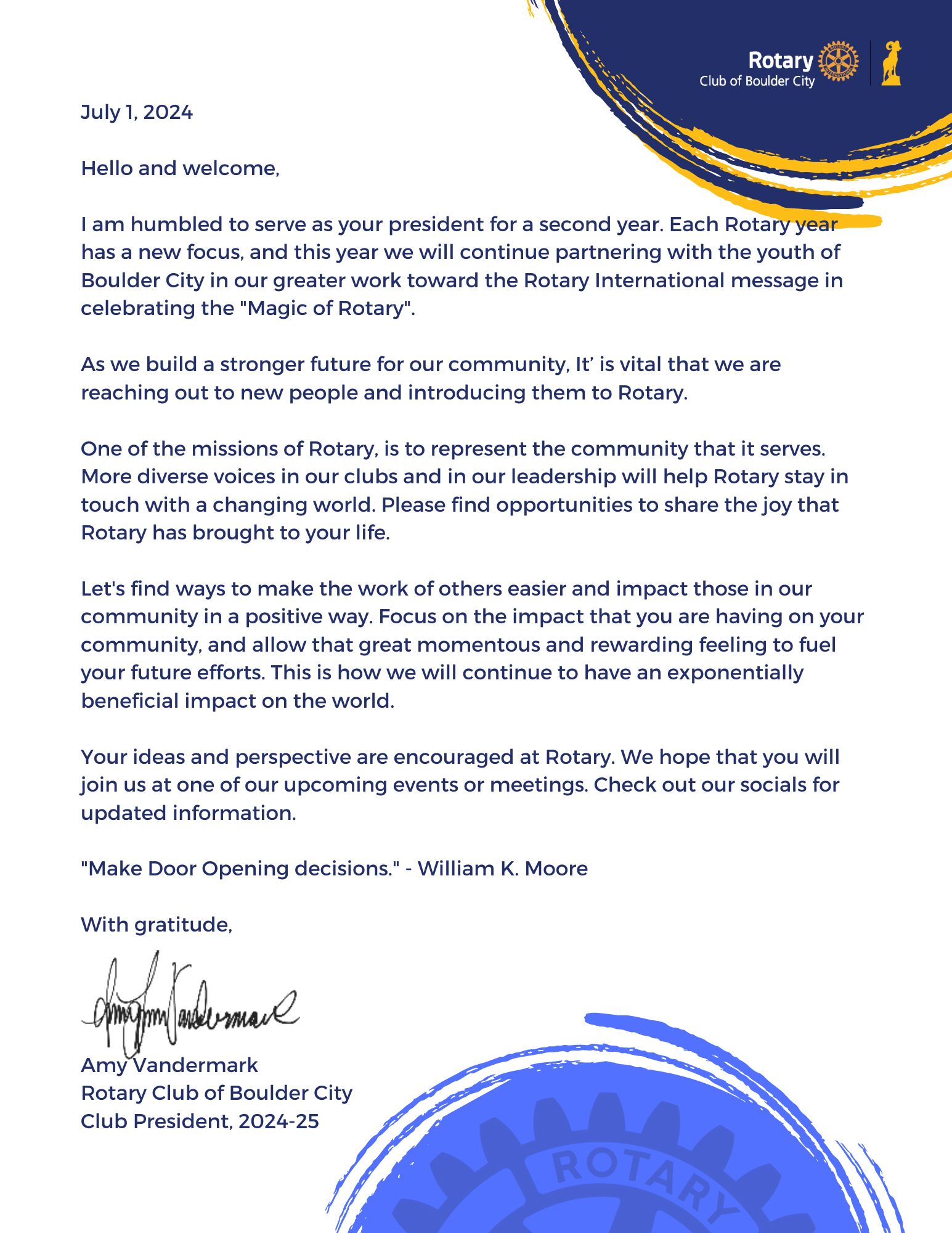 The Rotary Club of Boulder City President Message for the Rotary year 2024 - 2025.